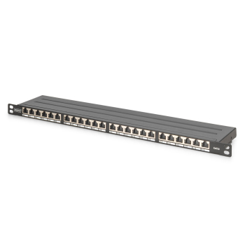 Panel krosowy high density 19'' 24x RJ45, LSA poziom, kat.6, ekranowany,0.5U,czarny,prowadnica kabli