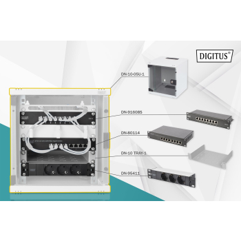 Zestaw sieciowy 10": szafa wisząca 6U, półka, listwa zasilająca, 8-port switch, panel kat.6, szary