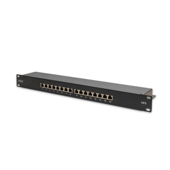 Digitus Panel krosowy (patch panel) 19'' 16x RJ45, LSA poziom, kat.6, ekranowany, 1U, czarny, prowadnica kabli