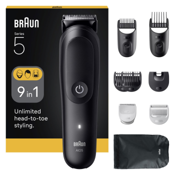 Zestaw do pielęgnacji Braun 9 w 1 All-in-One Series 5 AIO5540, bezprzewodowy, liczba stopni długości 14, czarny