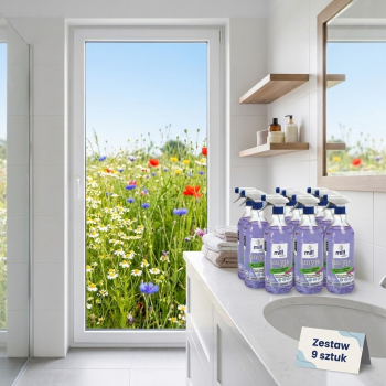 MILL CLEAN UMYJE Płyn do mycia szyb, luster, glazury. Zapach Maciejki 1,22l Zestaw 9 szt.
