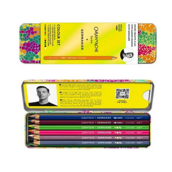 CARAN D'ACHE Kredki Germanier, 13 unikatowych kredek z drewna cedrowego w neonowych, metalicznych i akwarelowych kolorach, w holograficznym etui wraz