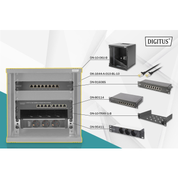 Zestaw sieciowy 10": szafa wisząca 6U, półka, listwa zasilająca, 8-port switch, panel kat.6, czarny
