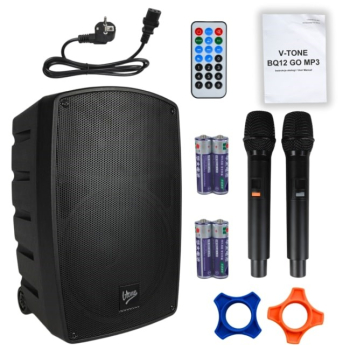 V-TONE BQ12 GO MP3 - Kolumna aktywna akumulatorowa czarna, Bluetooth, TWS, USB, SD, DSP, AUX, pilot na podczerwień, 2x mikrofon bezprzewodowy, wysuwan