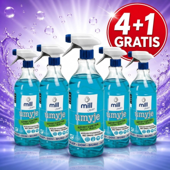 MILL CLEAN UMYJE Płyn do mycia szyb, luster, glazury, usuwa zabrudzenia, pozostawiając powierzchnie bez smug. 1,22l ( 4 sztuki+1 sztuka za 1 zł)