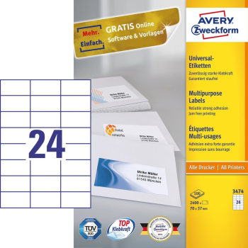 Avery 3474 samoprzylepne etykiety Prostokąt Na stałe Biały 2400 szt.