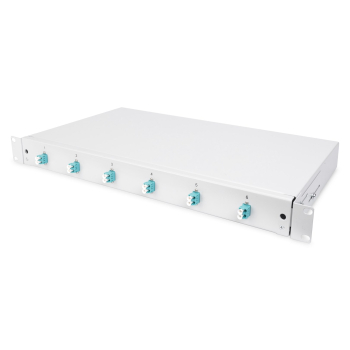 Panel krosowy FO z wyposażeniem 19'' 1U, 6x LC dx,OM3, pigtaile, adaptery, tacki, wysuwany, szary