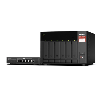 Zestaw Qnap TS-673A-SW5T (TS-673A-8G + switch QSW-1105-5T 5x2.5GbE), Tower, 6 x 2.5"/3.5" SATA, AMD Ryzen V1500B 4C/8T, 8GB DDR4 (Max. 64GB), 2 x 2.5G