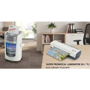 Niszczarka Leitz IQ OptiMax 350, P5, 8 kartek, 22l + za 1 zł Laminator Leitz iLAM Home A4 biały