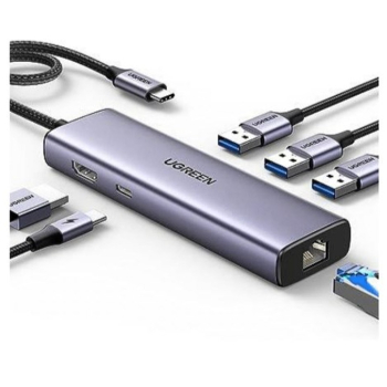 HUB Ugreen CM512 15598 6w1 USB-C - 3x USB-A 3.0 / HDMI / RJ45 / USB-C PD - szary
