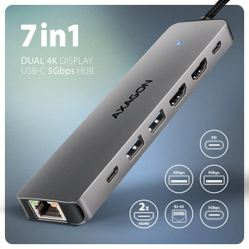 AXAGON HMC-7HX2 Hub USB, 2x USB-A, 1x USB-C, 2x HDMI 2.0, 1x RJ45, 100 W PD – srebrny