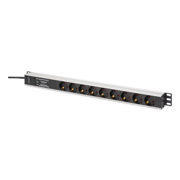Listwa zasilająca PDU Rack 0U, zab. przeciwprzepięciowym+filtr EMI/RFI, 9 gniazd Schuko CEE 7/3 (45°), kabel 2m wtyk Unischuko CEE 7/7, 16A, alum.