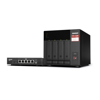 Zestaw Qnap TS-473A-SW5T (TS-473A-8G + switch QSW-1105-5T 5x2.5GbE), Tower, 3.5" SATA, AMD Ryzen V1500B 4C/8T, 8GB DDR4 (Max. 64GB), 2 x 2.5GbE, optio