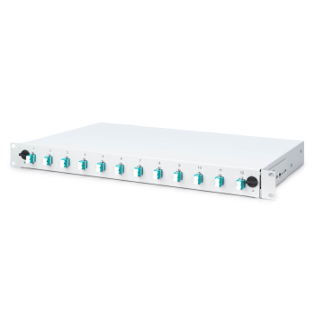 Panel krosowy FO z wyposażeniem 19'' 1U, 12x LC dx, OM3, pigtaile, adaptery, tacki, wysuwany, szary