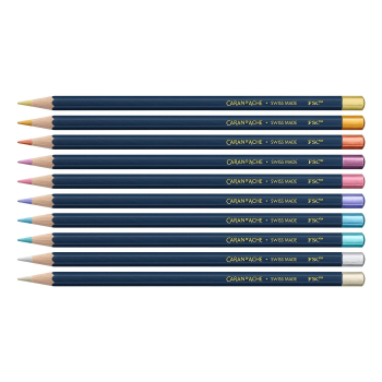 CARAN D'ACHE Kredki Cosmic Blue, 10 metalicznych kredek z drewna cedrowego w gwieździstym pudełku.