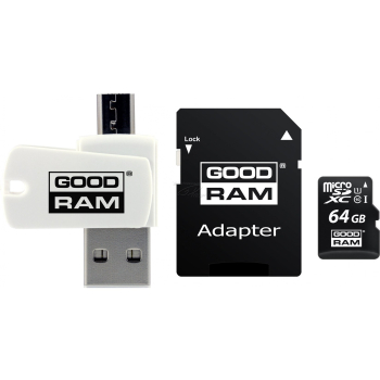 Karta pamięci z adapterem i czytnikiem kart GoodRam All in one M1A4-0640R12 (64GB; Class 10; Adapter, Czytnik kart MicroSDHC, Karta pamięci)