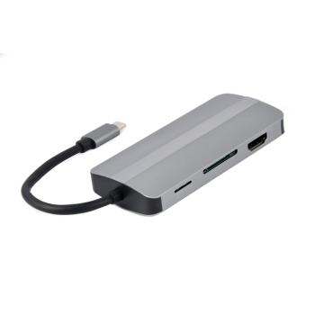 GEMBIRD MULTI ADAPTER USB TYP-C 8W1 (HUB3.1 + HDMI + VGA + PD + CZYTNIK KART + DŹWIĘK STEREO), SZARY