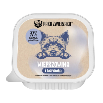 Paka Zwierzaka wieprzowina z borówką mokra karma dla psa tacka 150g