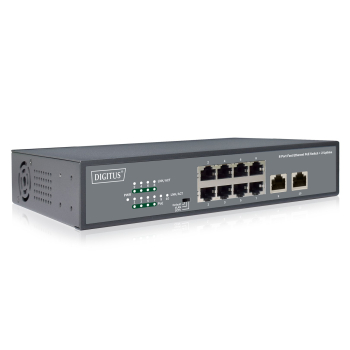 Przełącznik sieciowy niezarządzalny 19" 8x RJ45 10/100 Mb/s, 2x FastEthernet uplink, PoE+ 120W budżet