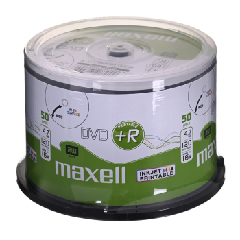 MAXELL Płyta DVD+R 4,7GB, 50 szt.  w opakowaniu cake (szpindel). Prędkość zapisu 16X, 120 min.  Płyty do nadruku atramentowego. Przeznaczenie Multimed