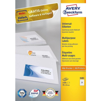 Avery 3481 samoprzylepne etykiety Prostokąt Na stałe Biały 2100 szt.