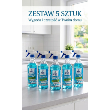 MILL CLEAN UMYJE Płyn do mycia szyb, luster, glazury, usuwa zabrudzenia, pozostawiając powierzchnie bez smug. 1,22l ( 4 sztuki+1 sztuka za 1 zł)