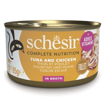 SCHESIR dla kotów Adult w Naturalnym Soku Tuńczyk z Kurczakiem i Ryżem 85g