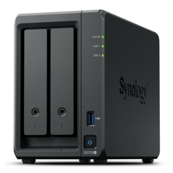 NAS Synology DS725+, Tower, 2x 2.5"/3.5" SATA + 2x M.2 2280 NVMe SSD; AMD Ryzen R1600; 4GB DDR4 (max.32GB), 1x 1GbE RJ-45, 1x 2.5GbE RJ-45, 1x USB 3.2