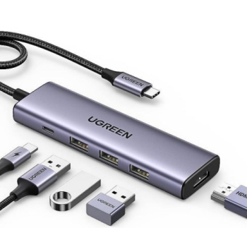 Ugreen Wielofunkcyjny HUB 5w1 USB-C  - HDMI 1.4 / 3 x USB-A / USB-C PD 100W CM511 - szary