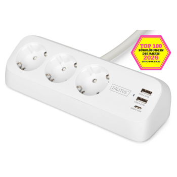 Listwa zasilająca biurkowa DIGITUS 3 gniazda Schuko, 2x USB-A (2x 12W), 1x USB-C (30W) z zaciskiem na blat, kabel 1,5m, biała