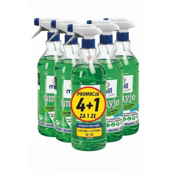 MILL CLEAN UMYJE Płyn do mycia szyb, szkła, luster, glazury bez smug i zacieków, o zapachu Konwalii  1,22l ( 4 sztuki+1 sztuka za 1 zł)