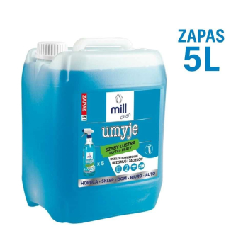 MILL CLEAN UMYJE 5 litrów. Płyn do mycia szyb, luster, glazury, płytek, blatów. Wszelkie powierzchnie bez smug i zacieków. Duży kanister 5 litrów to i