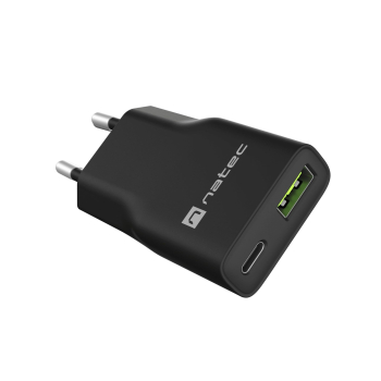 NATEC ŁADOWARKA SIECIOWA RIBERA GAN SLIM 1X USB-A + 1X USB-C 20W CZARNA