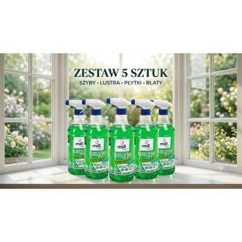 MILL CLEAN UMYJE Płyn do mycia szyb, szkła, luster, glazury bez smug i zacieków, o zapachu Konwalii  1,22l ( 4 sztuki+1 sztuka za 1 zł)