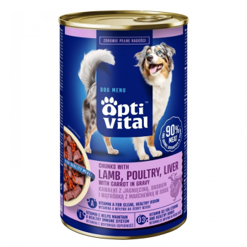 OptiVital puszka -soczyste kawałki dla dorosłych psów z jagnięciną i wątróbką drobiową w sosie 1250g