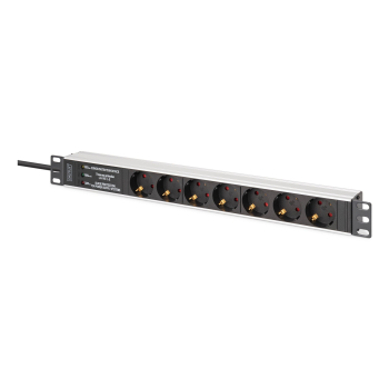 Listwa zasilająca PDU Rack 19" zab. przeciwprzepięciowe+filtr EMI/RFI, 7 gniazd Schuko CEE 7/3 (45°), kabel 2m wtyk Unischuko CEE 7/7, 16A, aluminiowa