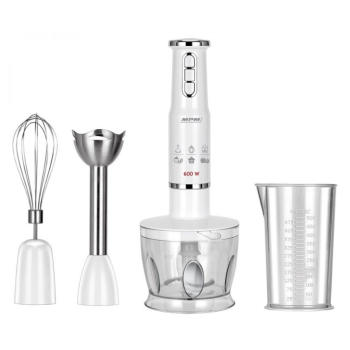 Blender ręczny-zestaw MPM MBL-43, pojemnik 500 ml z nożem ze stali nierdzewnej, przystawka miksująca ze stali nierdzewnej, Moc: 600W
