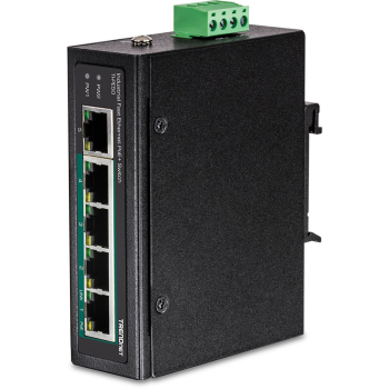 Switch TRENDnet TI-PE50 - niezarządzalny - 4 x 10/100 (PoE+) + 1 x 10/100 - możliwość montażu na szynie DIN, montaż na ścianie - PoE+ (90 W) - DC