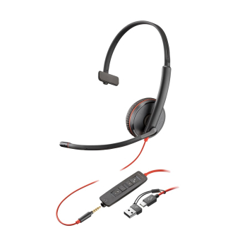 POLY Jednouszny zestaw słuchawkowy USB-C Blackwire 3215 + wtyczka 3,5 mm + przejściówka USB-C/A (opakowanie zbiorcze)