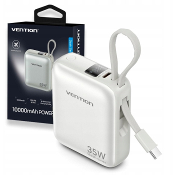 Powerbank Vention 10000mAh 35W PD z wbudowanym kablem USB-C beżowy