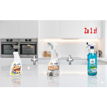 MILL Odplamiacz+Spray do kuchni+Płyn do szyb