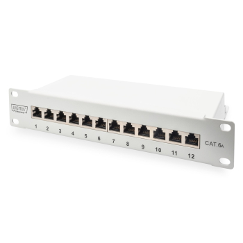 Panel krosowy 10'' 12x RJ45, LSA poziom, kat.6A, ekranowany, 1U, szary, prowadnica kabli