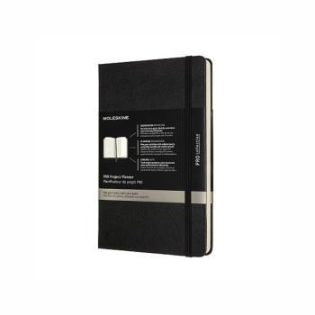 Moleskine planer projektów Pro L to niedatowany, 288 stron organizer w twardej oprawie, ma sekcje planowania rocznego, miesięcznego i tygodniowego.