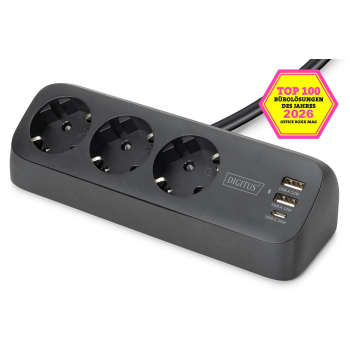 Digitus 3-drożna biurowa listwa zasilająca z 2 złączami USB-A i 1 złączem USB-C, czarna