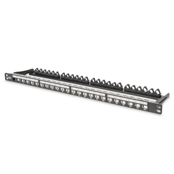 Panel krosowy high density 19" 24x keystone, ekranowany, 0.5U, czarny, prowadnica kabli, pola opisowe