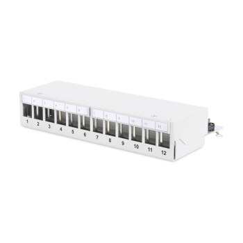 Panel krosowy modularny desktop 12x keystone, ekranowany, szary, prowadnica kabli, pola opisowe