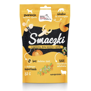 SYTA MICHA Smaczki z jagnięciną, dynią, bananem i morelą 80g pies