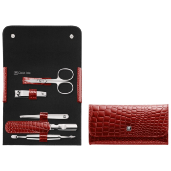 Zestaw podróżny do manicure Zwilling Classic Inox – skórzane etui, 5 elementów - Czerwony