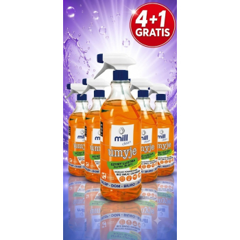 MILL CLEAN UMYJE Płyn do mycia szyb, luster, glazury o zapachu Pomarańczy 1,22l ( 4 sztuki+1 sztuka za 1 zł)
