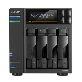 NAS Asustor AS6804T; Tower; 4x (3.5" SATA HDD/ 2.5" SSD); AMD Ryzen Embedded V3C14; 16G ECC DDR5 SODIMM (max. 64GB), 2x 10GbE, 2x 5GbE, 4x M.2 2280 NV